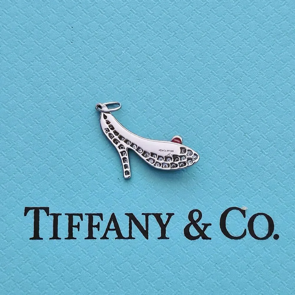 RARE Tiffany & Co. Red Enamel Bow Diamond High Heels Shoes PT950 Charm Pendant.
